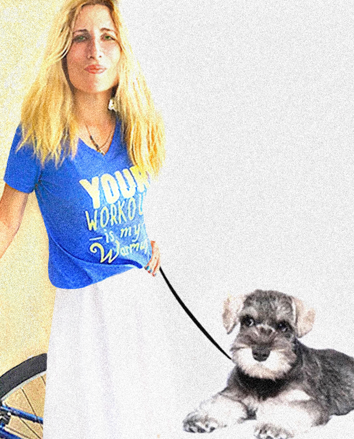 Artist Jane Rubin walking her dog. Jane Rubin was 53 in the photo; real age around 29, and wore a Size 0. She had just cycled about 25-30 miles around hilly York, PA, easily. Photo taken in York, Pennsylvanis, Summer 2016.