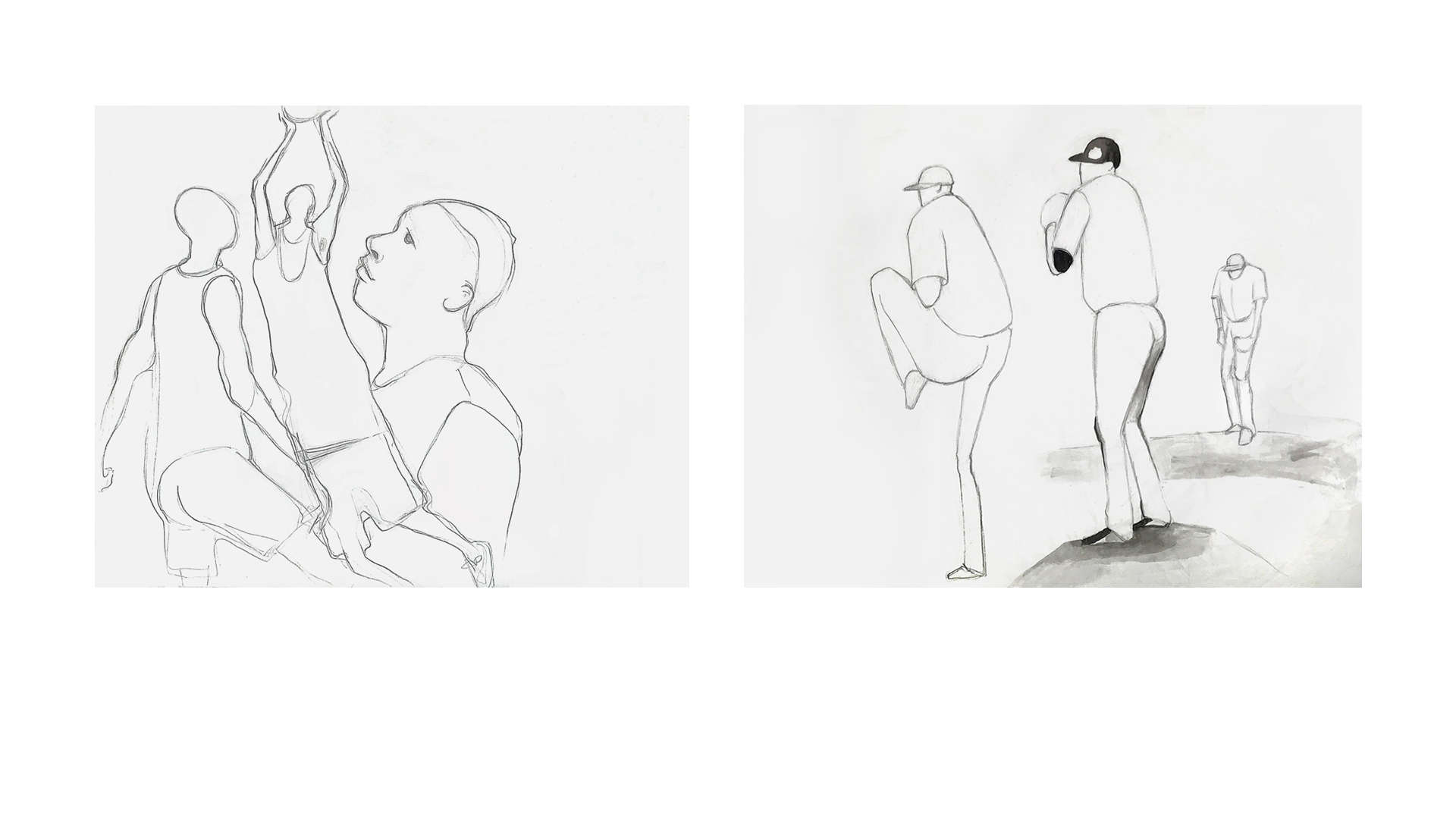 Live-action black and white pencil and ink drawings of male mlb baseball players  and male basketball players — Drawn while they were in motion at games; Copyright Jane Rubin 2002 and 2012