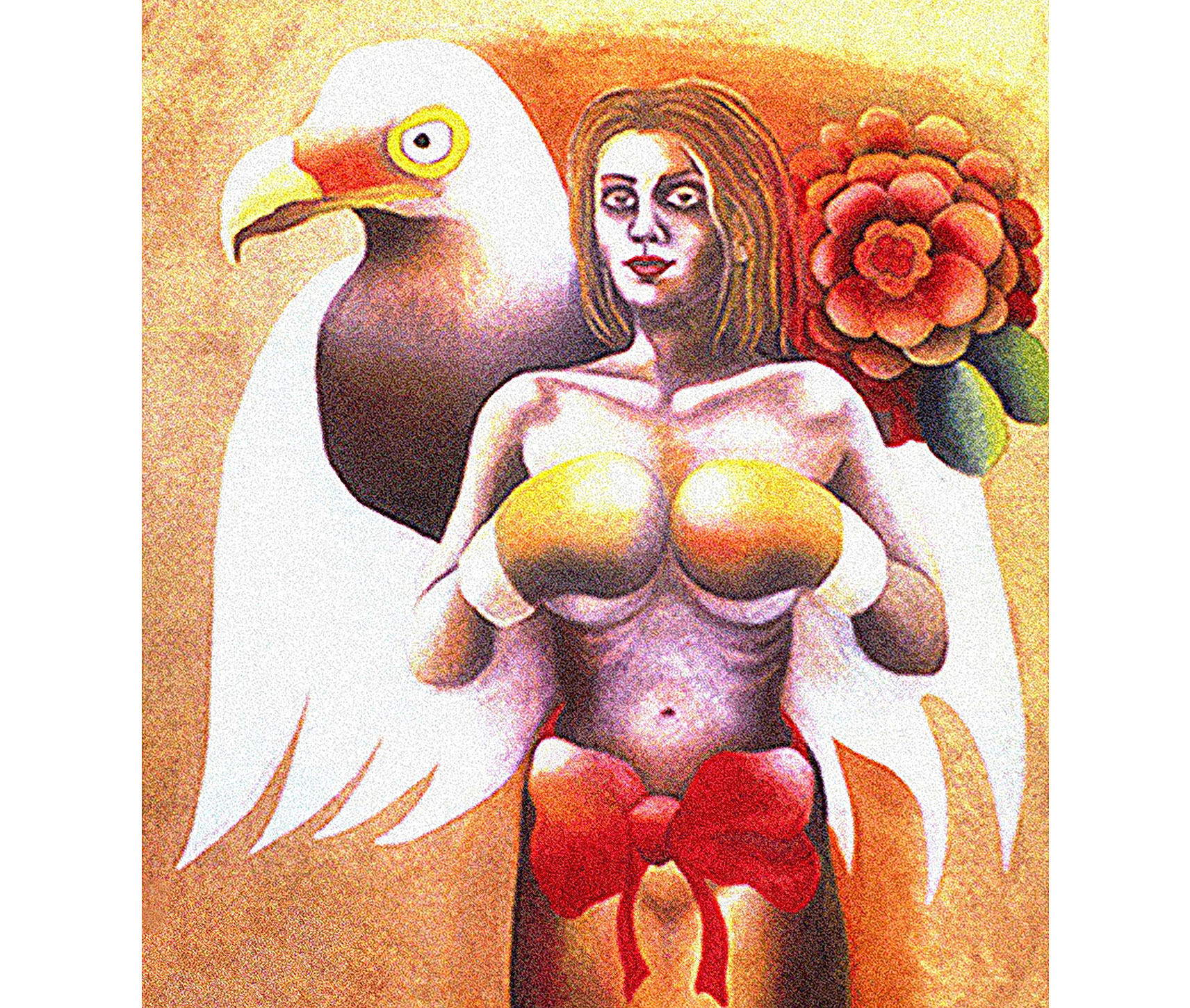 Champion: Early symbolic self-portrait from life and imagination representing Jane Rubin's femininity and inner power; Jane was a a ballet dancer; the boxing gloves symbolize inner core strength and winning over trauma