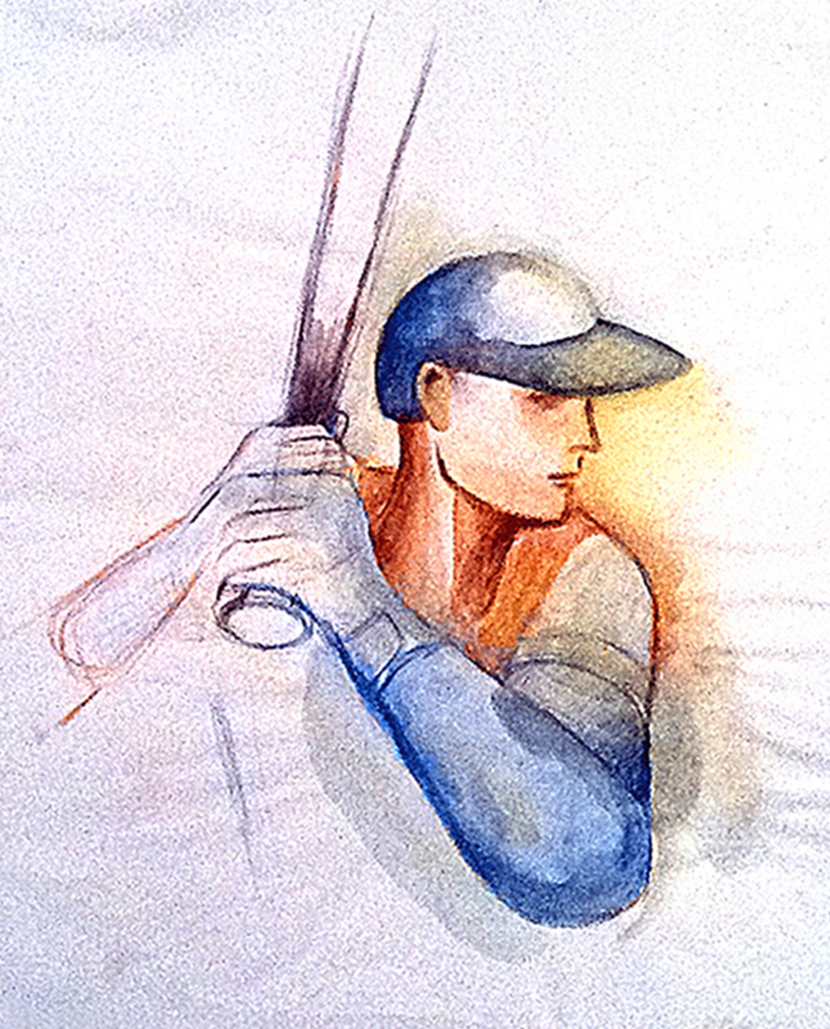 Watercolor of hitter on deck painted live during games at Yankee Stadium in 2010. Copyright Jane Rubin 2010.