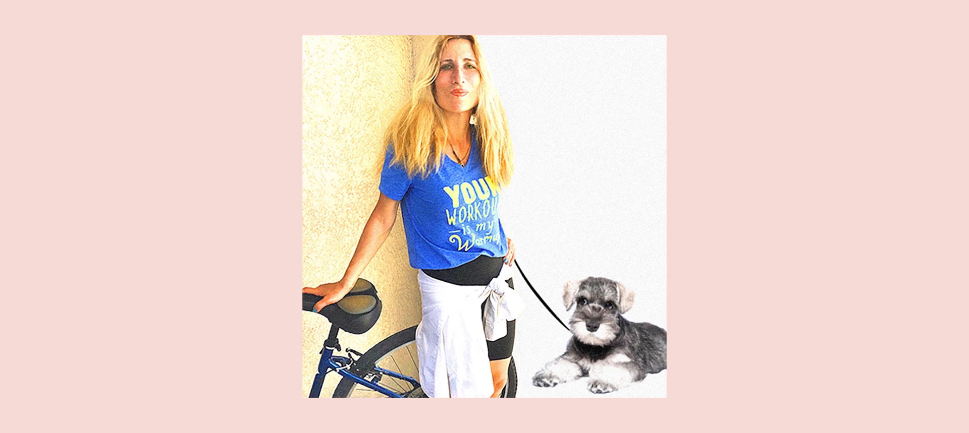Artist Jane Rubin, CEO, Creative Director, walking a replica of her first dog in childhood, a Grey German Miniature Schnauzer named Scruffy.
