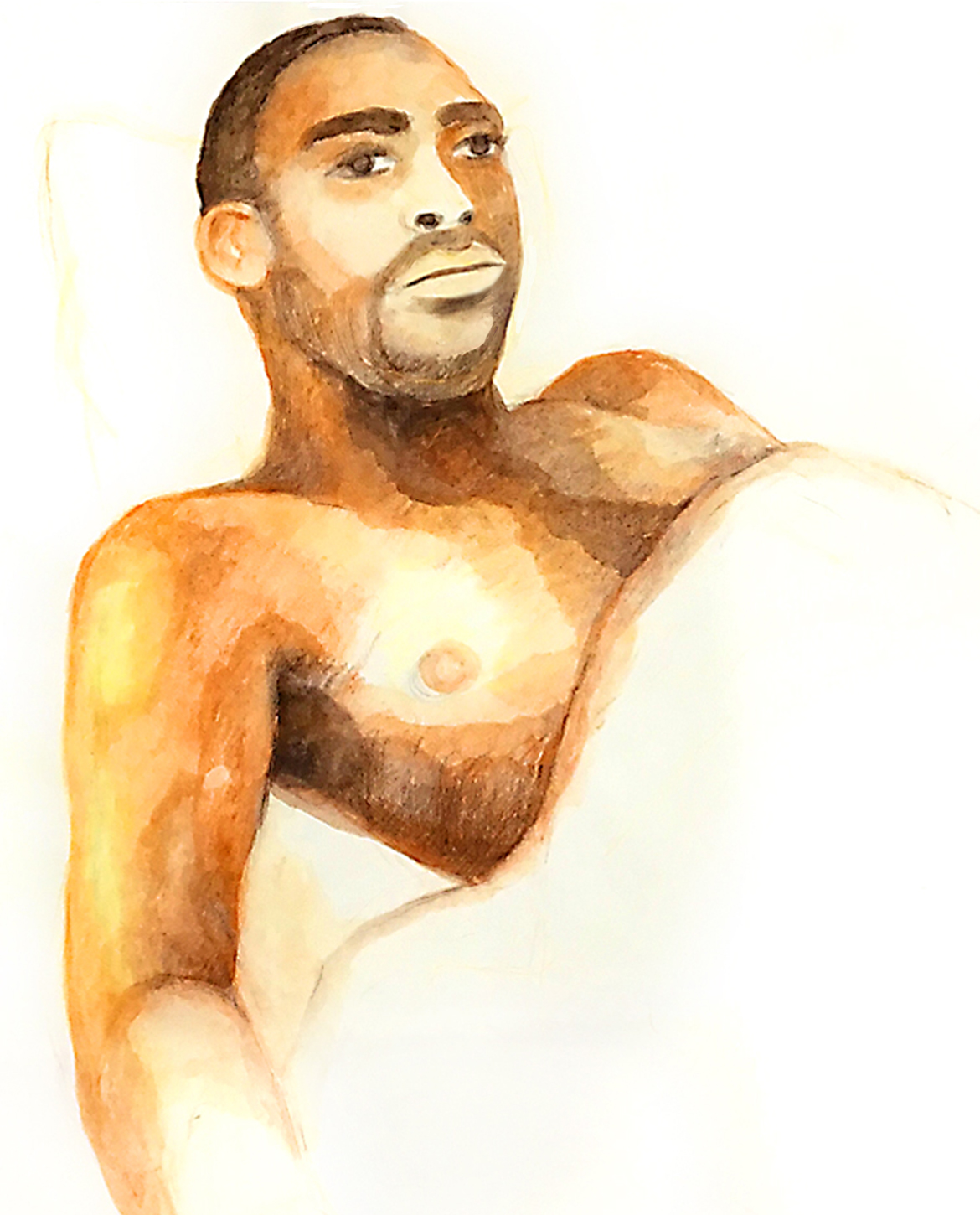 Portrait from life of Derreck Alexander, my husband, at our apartment. Watercolor on paper. Minor adjustments made digitally to the painting in 2026. Copyright Jane Rubin 2003, 2026.
