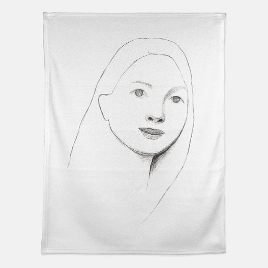 Self-Portrait Drawing — On White Fleece Blanket — 60" x 80"