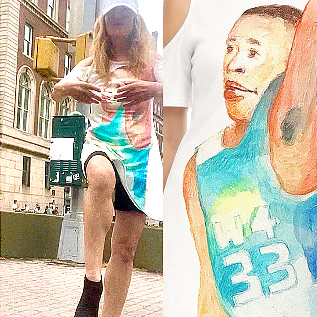 White, 100% cotton cold-shoulder dress with an all-over painting featuring John Strickland, a basketball player, created by artist Jane Rubin in 2005. Print-on-demand dress designed by Jane Rubin in 2023.