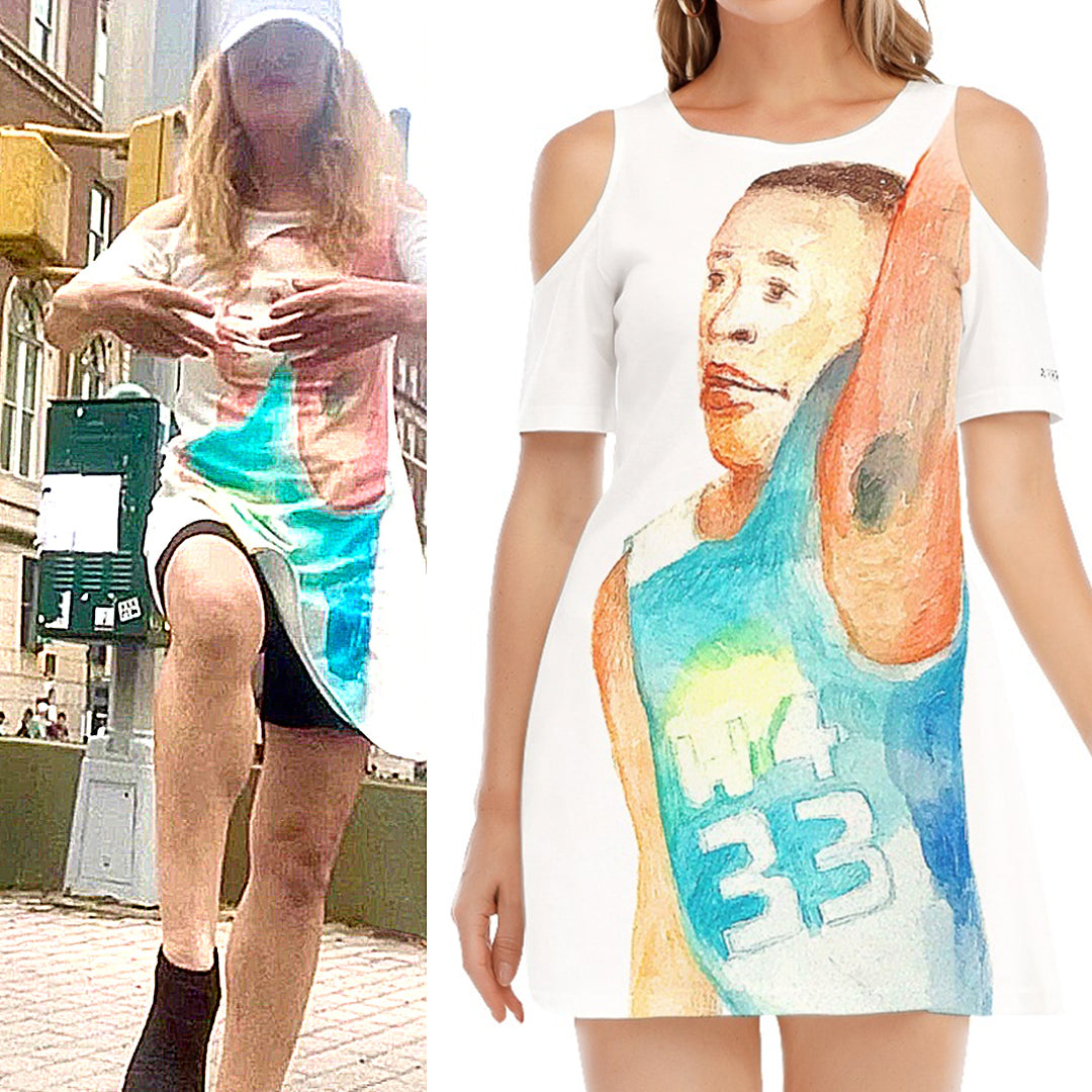 White, Cotton Dress — Painting of Basketball Player John Strickland — All-Over Print Cold-Shoulder Dress