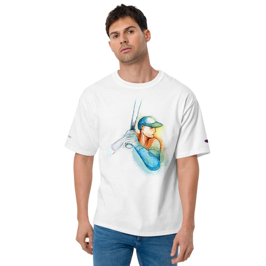 Baseball Player Painting on Men's Cotton Champion T-Shirt