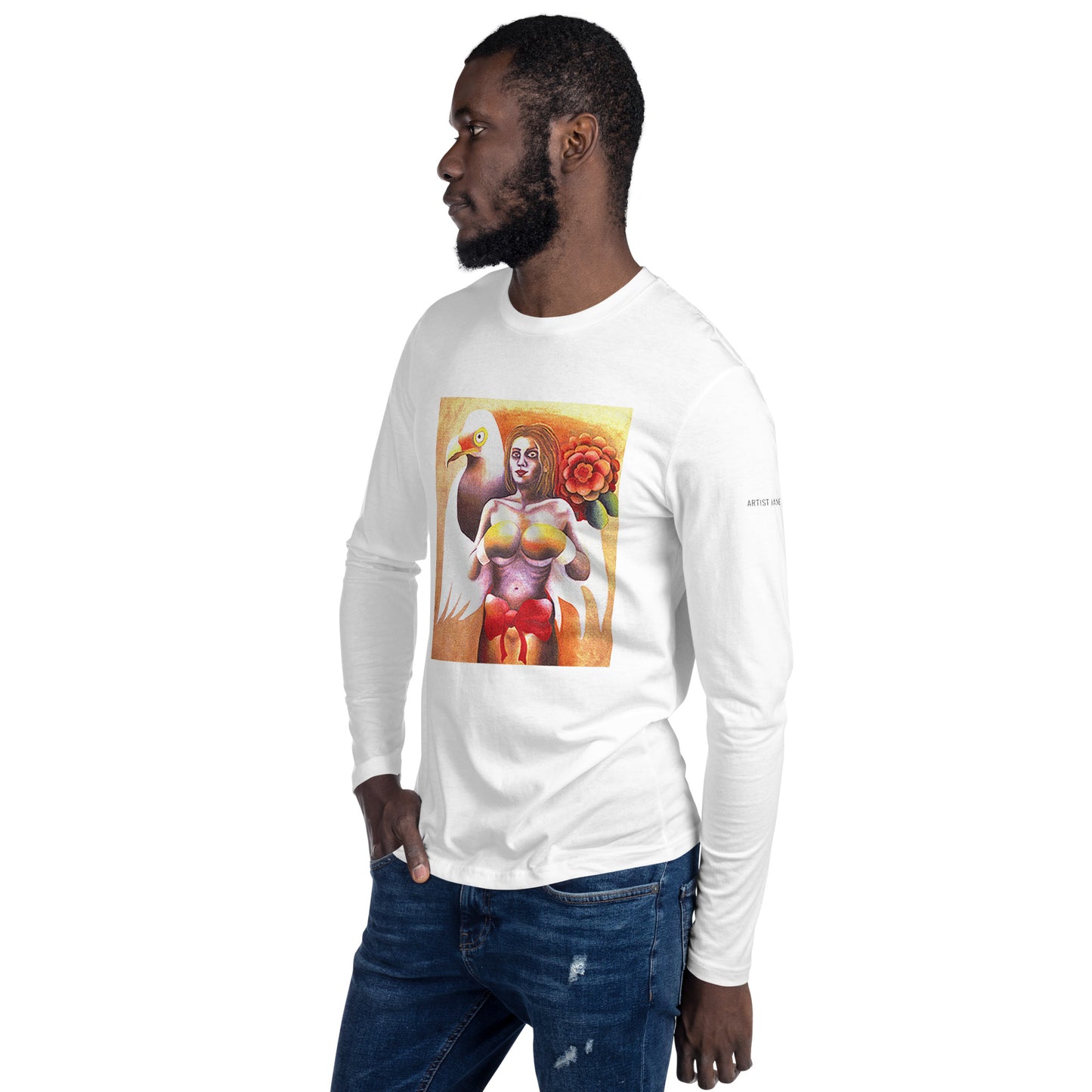 Champion — Oil Painting — on 100% Cotton Long-Sleeve White Shirt (Logo on Sleeve)