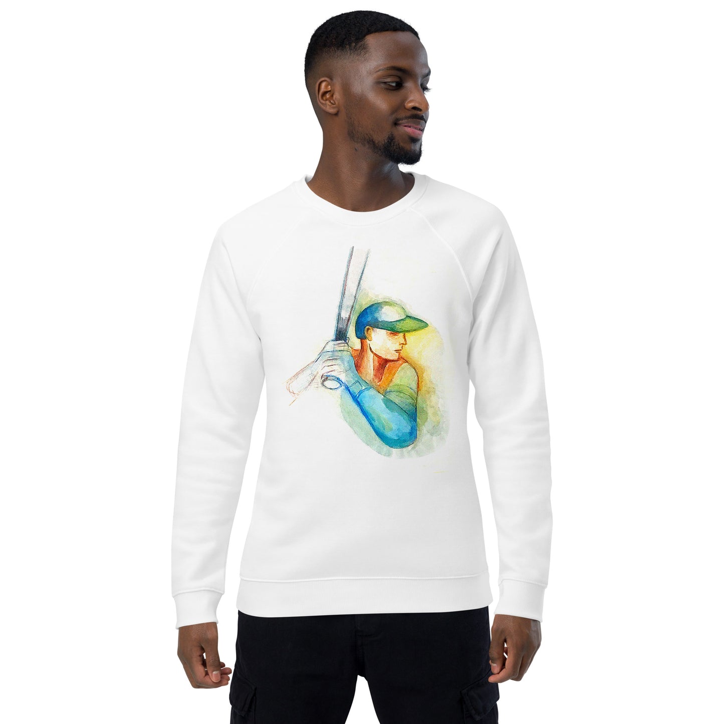 Baseball Player Painting — On Organic Cotton White Raglan Sweatshirt
