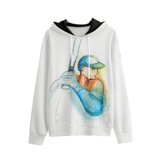 Baseball Player Painting — On 100% Cotton White Hoodie (Small Logo on Sleeve)