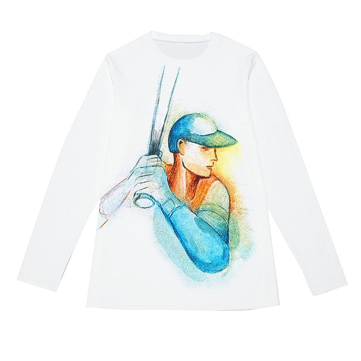 Baseball Player Painting on Men's Cotton Long Sleeve T-Shirt (Logo on Back)