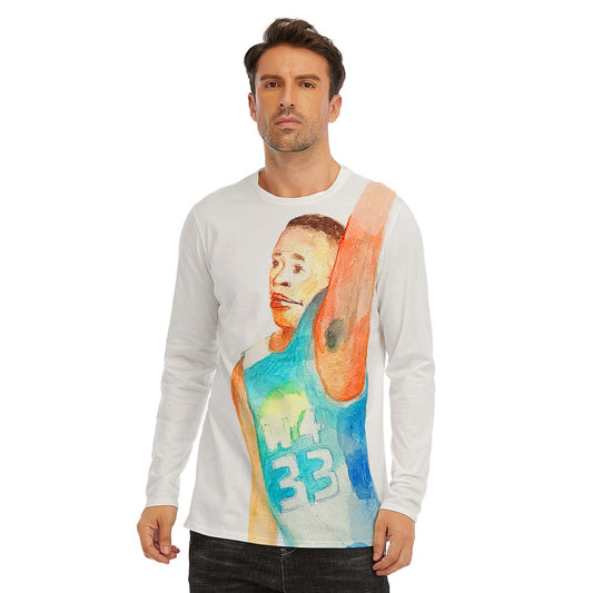 White Cotton Long-Sleeve Shirt — Painting of Basketball Player John Strickland — All-Over Print (Large Logo on Back)