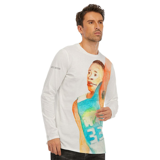 White Cotton Long-Sleeve Shirt — Painting of Basketball Player John Strickland — All-Over Print (Small Logo on Sleeve)