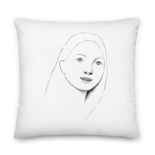 Self-Portrait Drawing — On White Premium Throw Pillow (Logo on Back)